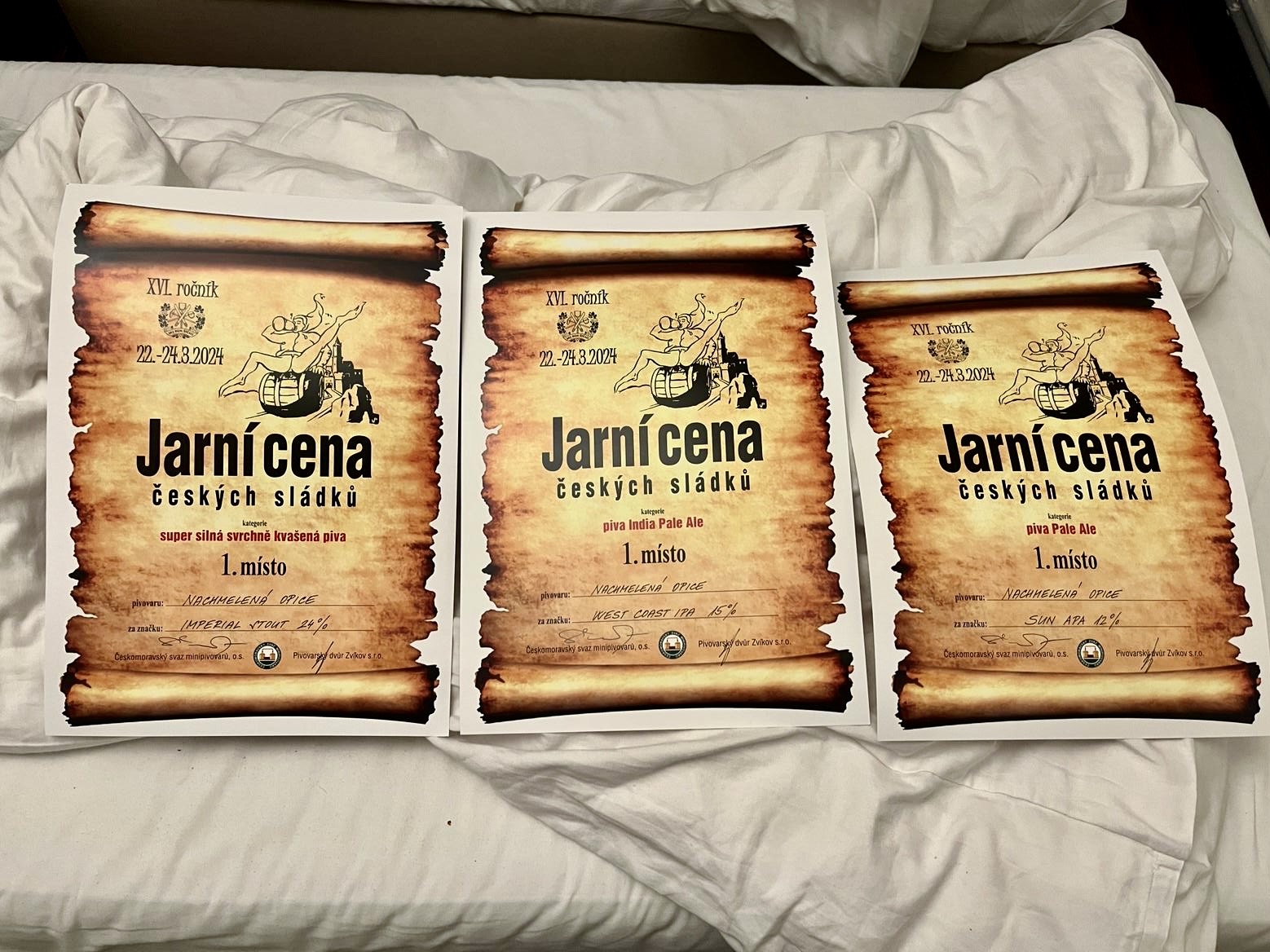 West Coast IPA 15% vol.V., Imperial Stout 24%, Sun APA 12%: 1.místo Jarní cena českých sládků 2024